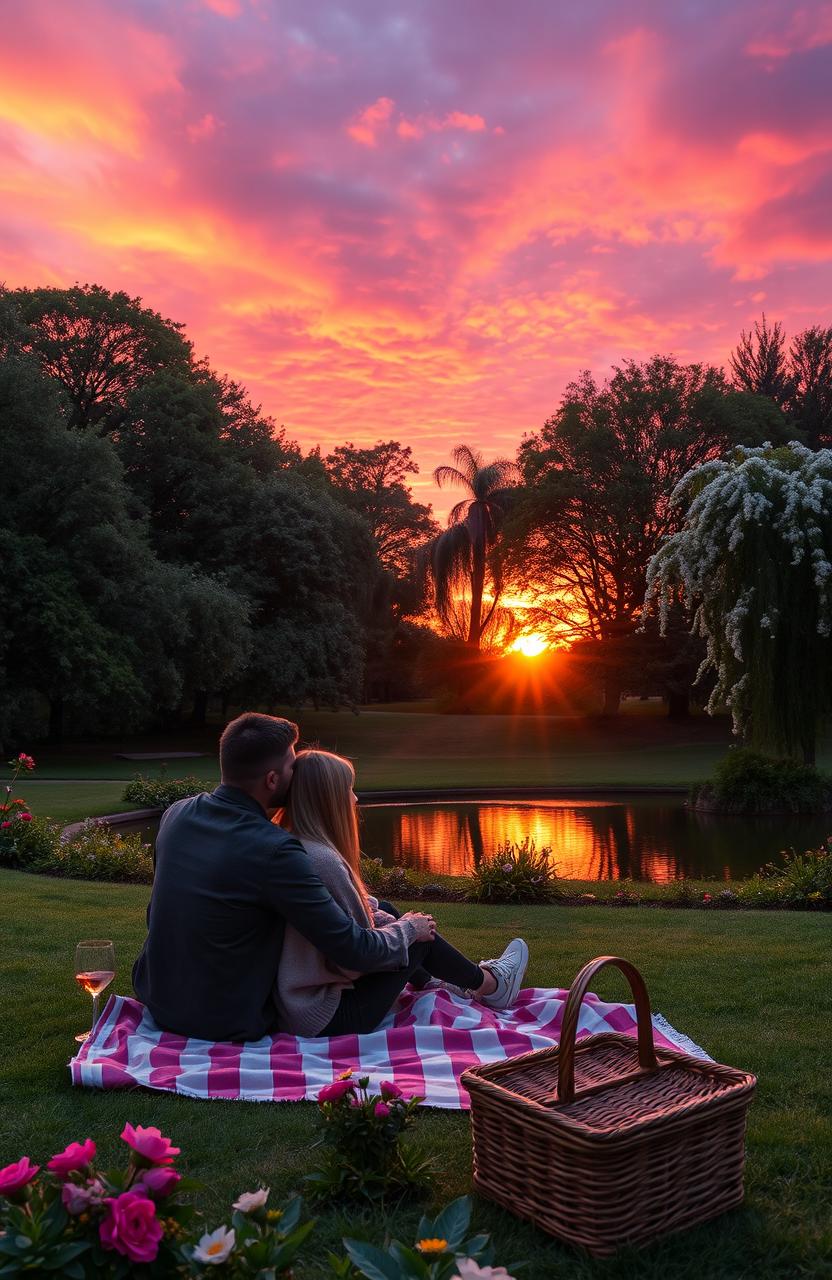 A romantic park scene during sunset, showcasing a vibrant sky filled with hues of orange, purple, and pink