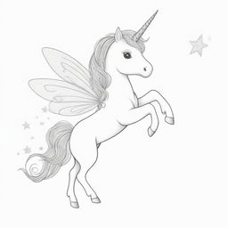 Two-dimensional, black and white drawing of a fairy unicorn with a magic wand on a white background, designed for a colouring page.