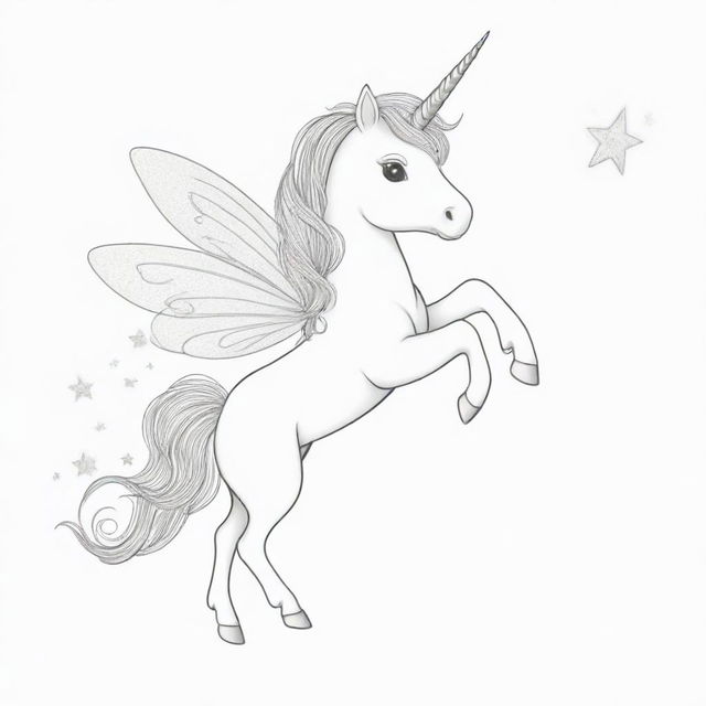 Two-dimensional, black and white drawing of a fairy unicorn with a magic wand on a white background, designed for a colouring page.