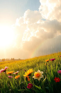 A serene scene depicting sunshine breaking through fluffy, white clouds on a rainy day