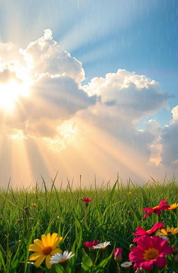 A serene scene depicting sunshine breaking through fluffy, white clouds on a rainy day