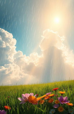 A serene scene depicting sunshine breaking through fluffy, white clouds on a rainy day