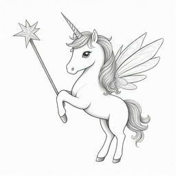 Two-dimensional, black and white drawing of a fairy unicorn with a magic wand on a white background, designed for a colouring page.