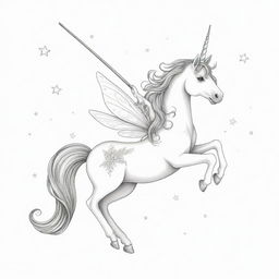 Two-dimensional, black and white drawing of a fairy unicorn with a magic wand on a white background, designed for a colouring page.