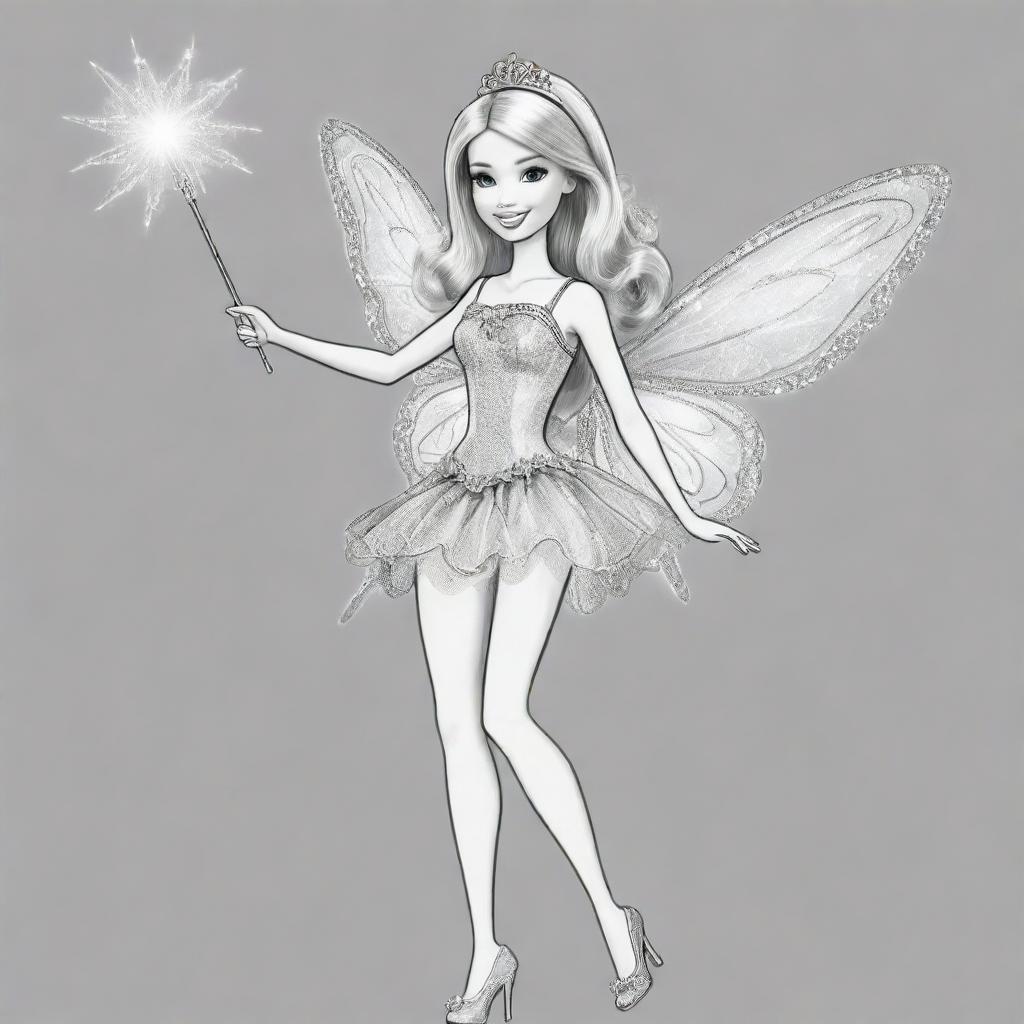 Two-dimensional, black and white drawing of a Barbie fairy with a magic wand on a white background, designed for a colouring page.