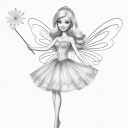 Two-dimensional, black and white drawing of a Barbie fairy with a magic wand on a white background, designed for a colouring page.