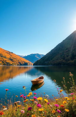 A serene landscape featuring a tranquil lake surrounded by lush green hills under a clear blue sky