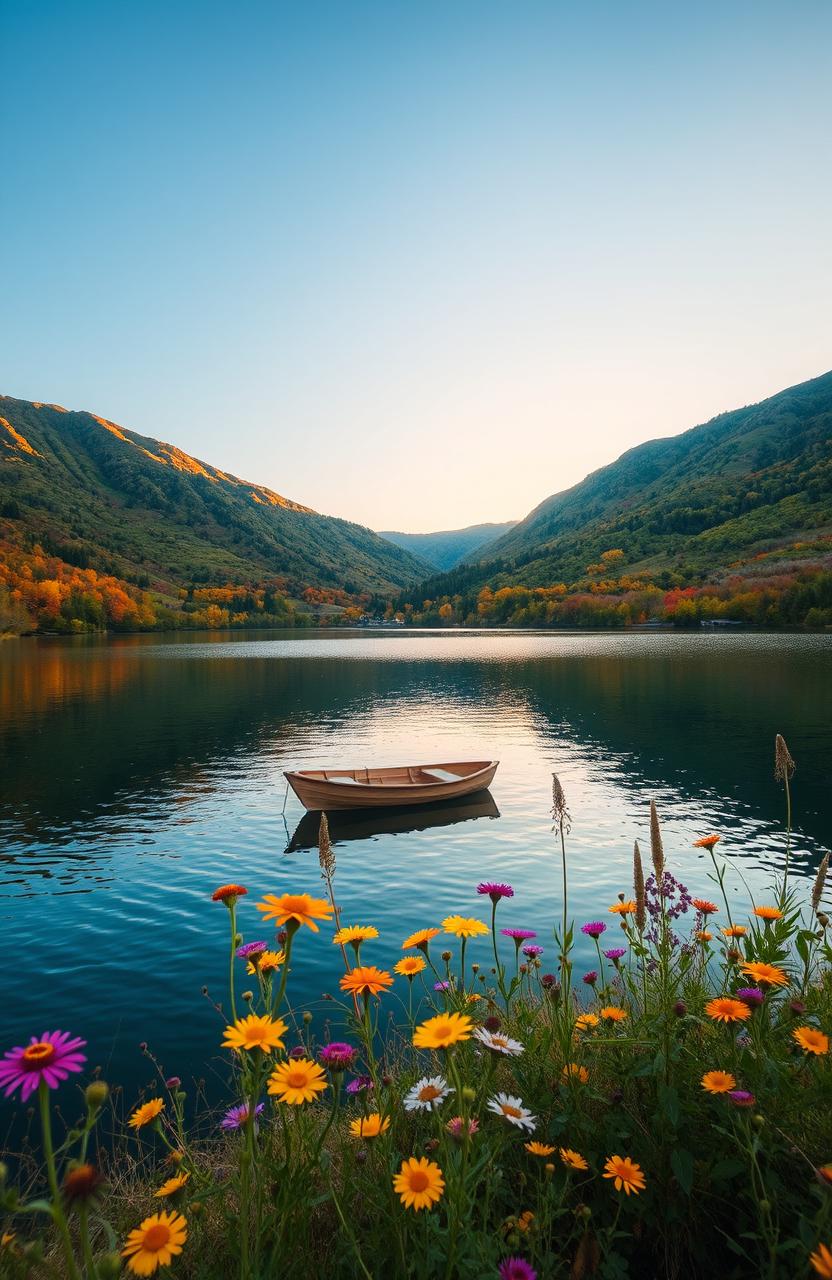 A serene landscape featuring a tranquil lake surrounded by lush green hills under a clear blue sky