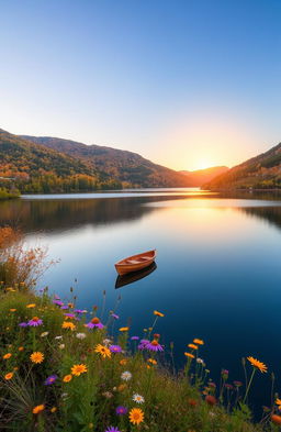 A serene landscape featuring a tranquil lake surrounded by lush green hills under a clear blue sky