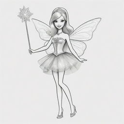 Two-dimensional, black and white drawing of a Barbie fairy with a magic wand on a white background, designed for a colouring page.