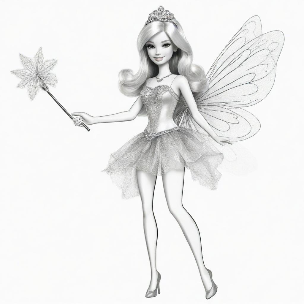 Two-dimensional, black and white drawing of a Barbie fairy with a magic wand on a white background, designed for a colouring page.