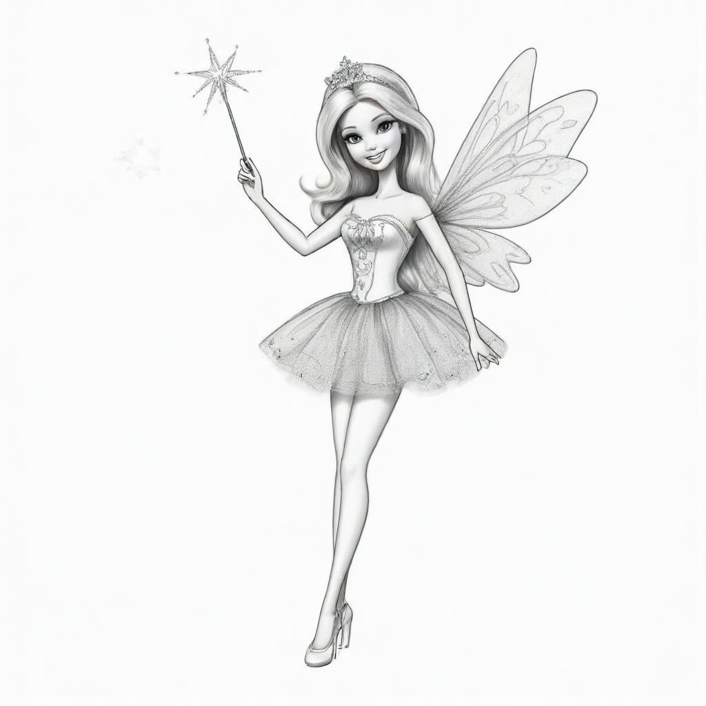 Two-dimensional, black and white drawing of a Barbie fairy with a magic wand saying hello on a white background, designed for a colouring page.