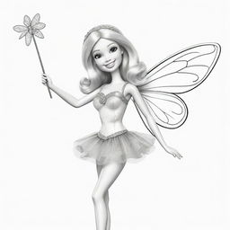 Two-dimensional, black and white drawing of a Barbie fairy with a magic wand saying hello on a white background, designed for a colouring page.