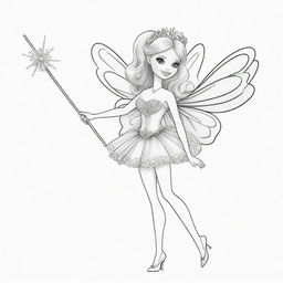 Two-dimensional, black and white drawing of a Barbie fairy with a magic wand saying hello on a white background, designed for a colouring page.