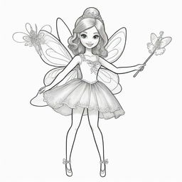 Two-dimensional, black and white drawing of a Barbie fairy with a magic wand saying hello on a white background, designed for a colouring page.