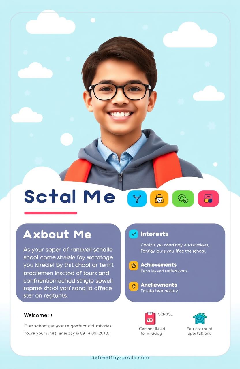 A vibrant and engaging school profile design featuring a professional photograph of the user on the left side