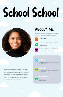 A vibrant and engaging school profile design featuring a professional photograph of the user on the left side