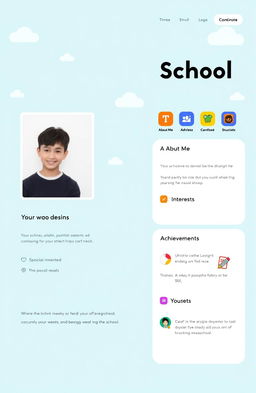 A vibrant and engaging school profile design featuring a professional photograph of the user on the left side