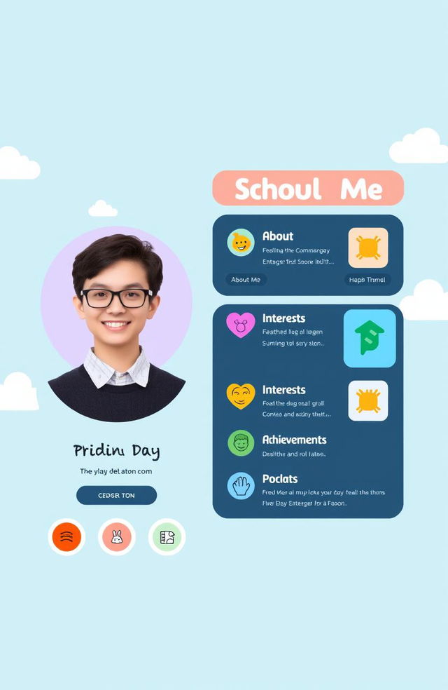 A vibrant and engaging school profile design featuring a professional photograph of the user on the left side