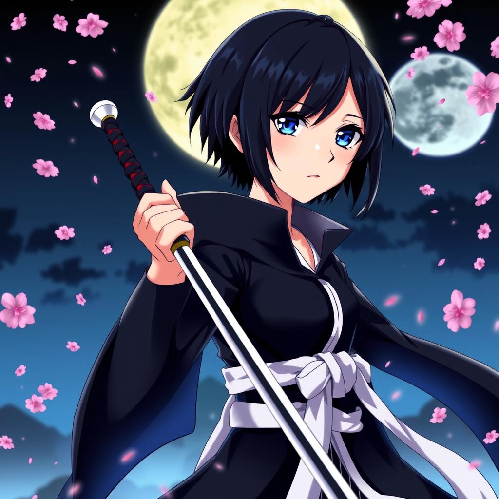 A character portrait of Rukia Kuchiki from Bleach, featuring her signature black short hair and dark blue eyes