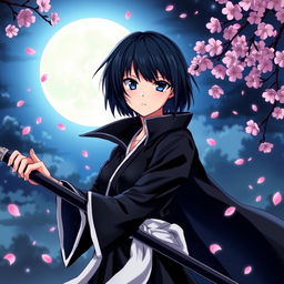 A character portrait of Rukia Kuchiki from Bleach, featuring her signature black short hair and dark blue eyes