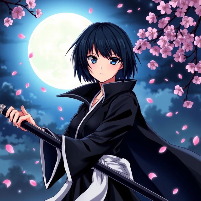 A character portrait of Rukia Kuchiki from Bleach, featuring her signature black short hair and dark blue eyes