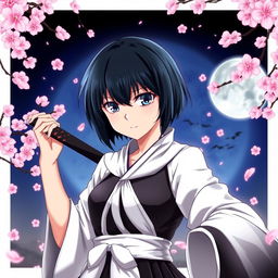 A character portrait of Rukia Kuchiki from Bleach, featuring her signature black short hair and dark blue eyes