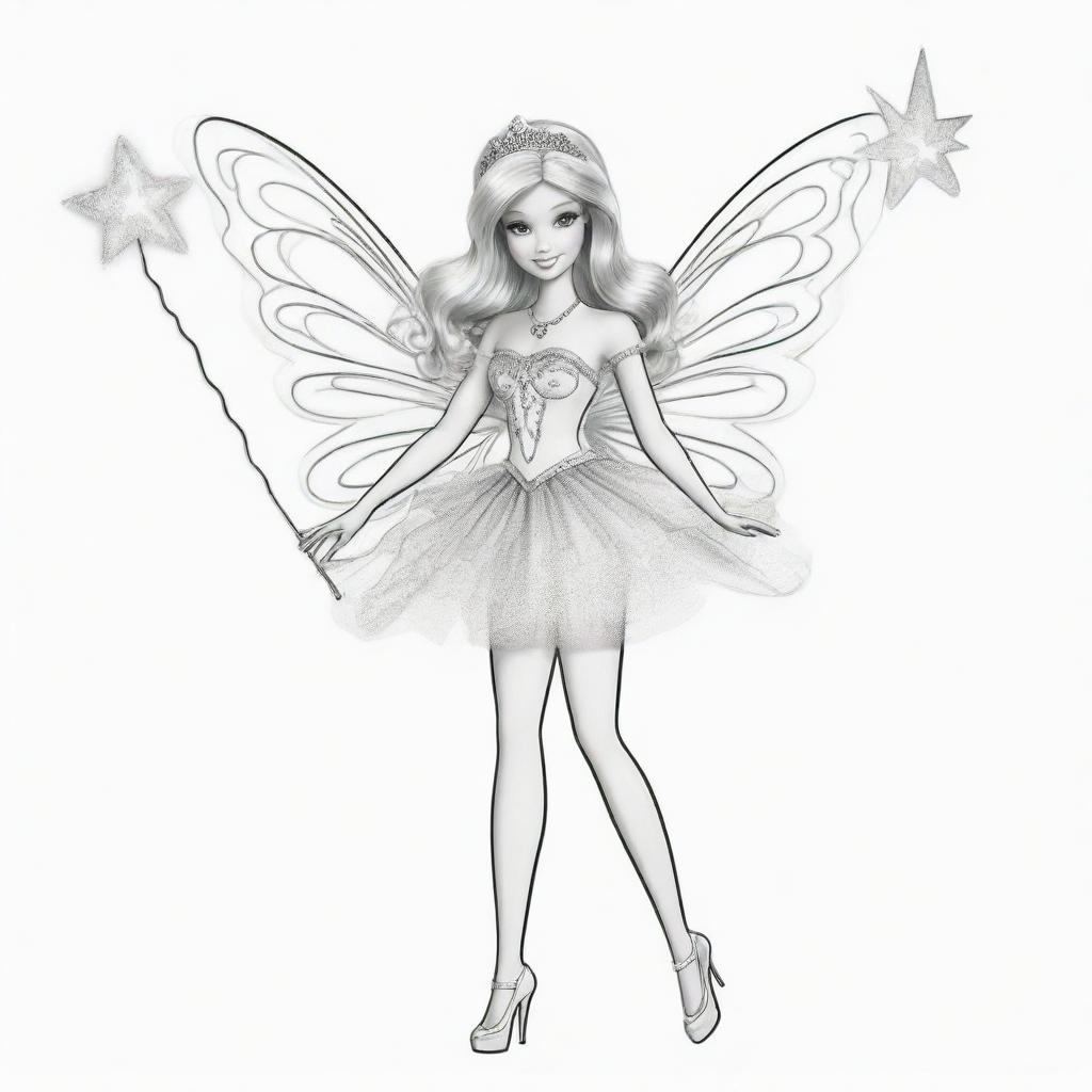 Two-dimensional, black and white drawing of a Barbie fairy with a magic wand saying hello on a white background, designed for a colouring page.