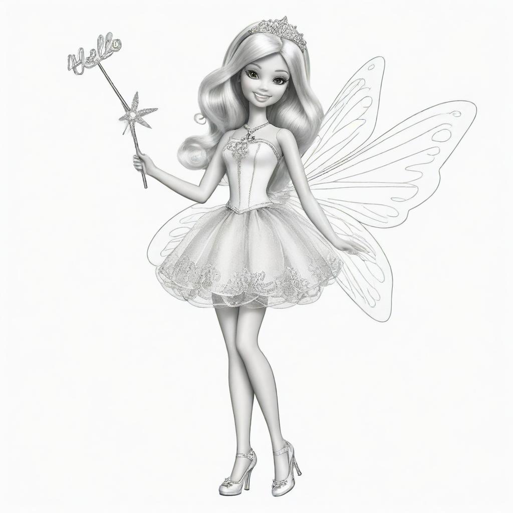 Two-dimensional, black and white drawing of a Barbie fairy with a magic wand saying hello on a white background, designed for a colouring page.