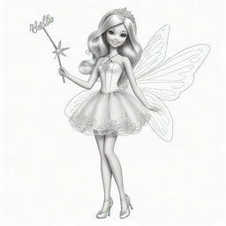 Two-dimensional, black and white drawing of a Barbie fairy with a magic wand saying hello on a white background, designed for a colouring page.