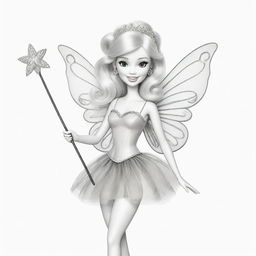 Two-dimensional, black and white drawing of a Barbie fairy with a magic wand saying hello on a white background, designed for a colouring page.