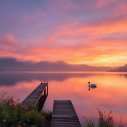 An ethereal landscape featuring a serene lake at sunset, the sky painted in shades of pink and orange reflecting on the water's surface