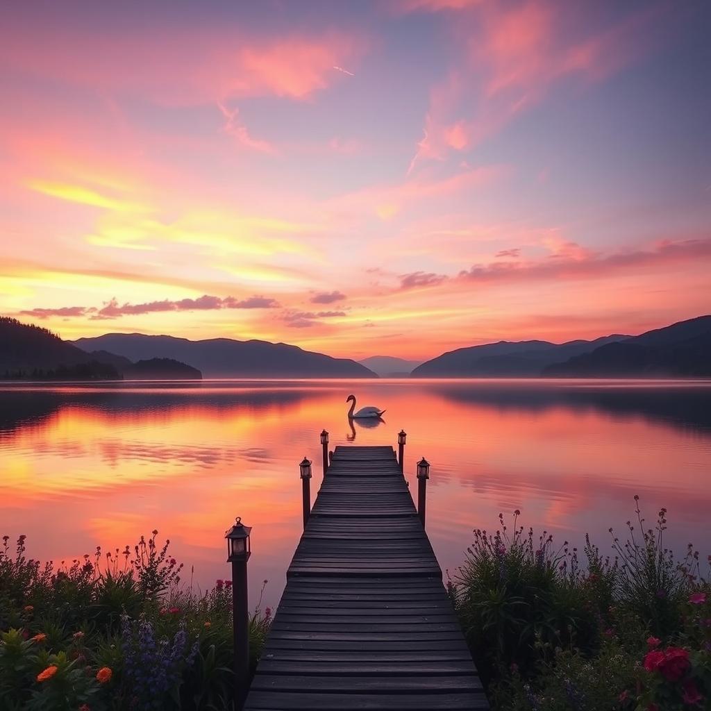 An ethereal landscape featuring a serene lake at sunset, the sky painted in shades of pink and orange reflecting on the water's surface