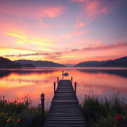 An ethereal landscape featuring a serene lake at sunset, the sky painted in shades of pink and orange reflecting on the water's surface