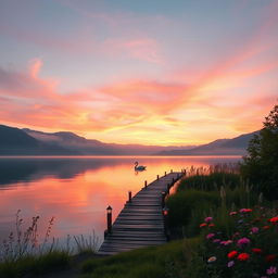 An ethereal landscape featuring a serene lake at sunset, the sky painted in shades of pink and orange reflecting on the water's surface