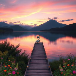 An ethereal landscape featuring a serene lake at sunset, the sky painted in shades of pink and orange reflecting on the water's surface