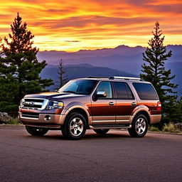 A sleek 2007 Ford Expedition Eddie Bauer, parked on a scenic mountain overlook at sunset