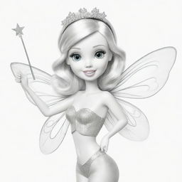 Two-dimensional, black and white drawing of a Barbie fairy with a magic wand saying hello on a white background, designed for a colouring page.