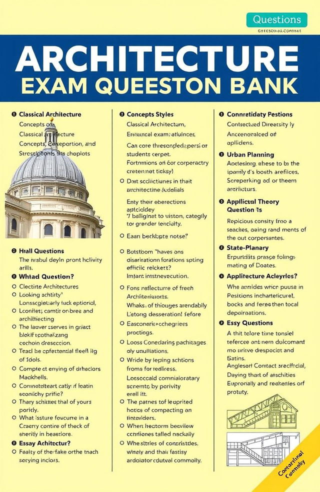 A comprehensive architecture exam question bank featuring various architectural styles, concepts, history, and design principles