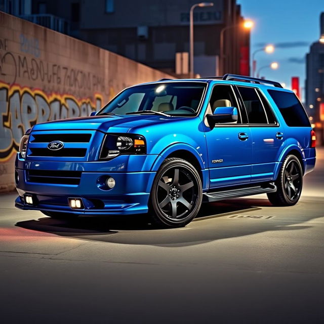 A modified 2007 Ford Expedition Eddie Bauer in a striking blue color, showcasing custom tuning features