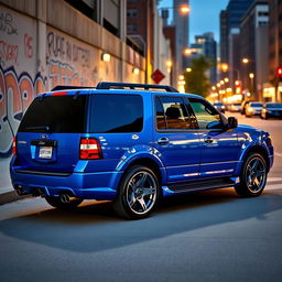 A modified 2007 Ford Expedition Eddie Bauer in a striking blue color, showcasing custom tuning features