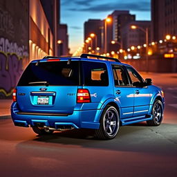 A modified 2007 Ford Expedition Eddie Bauer in a striking blue color, showcasing custom tuning features