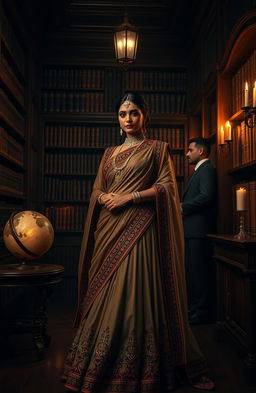 A dark academia aesthetic featuring an intricate blend of Italian mafia elements and an Indian mafia princess