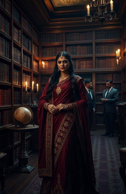A dark academia aesthetic featuring an intricate blend of Italian mafia elements and an Indian mafia princess