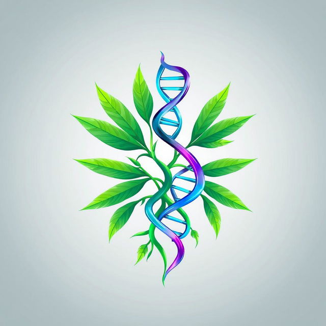 An abstract symbol featuring intertwining cannabis plant roots merging with a DNA structure, beautifully illustrating the fusion of science and art in cultivation