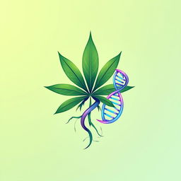 An abstract symbol featuring intertwining cannabis plant roots merging with a DNA structure, beautifully illustrating the fusion of science and art in cultivation