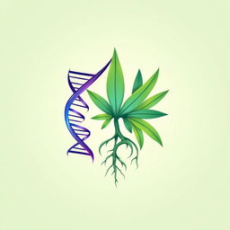 An abstract symbol featuring intertwining cannabis plant roots merging with a DNA structure, beautifully illustrating the fusion of science and art in cultivation