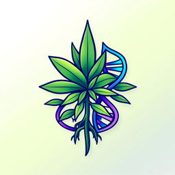 An abstract symbol featuring intertwining cannabis plant roots merging with a DNA structure, beautifully illustrating the fusion of science and art in cultivation
