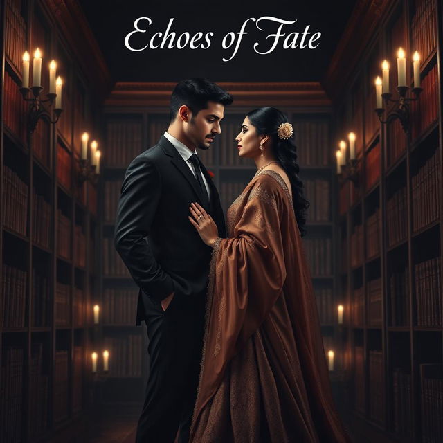 A romantic book cover for a mafia-themed novel titled 'Echoes of Fate,' featuring a tall, handsome Italian mafia man and an elegant Indian mafia princess