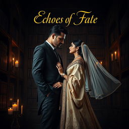 A romantic book cover for a mafia-themed novel titled 'Echoes of Fate,' featuring a tall, handsome Italian mafia man and an elegant Indian mafia princess